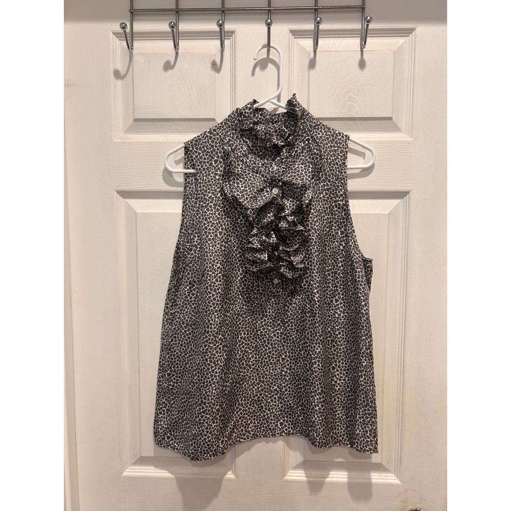 J.Crew Women 14 Gray White Heart Print 100% Silk Ruffle Front Sleeveless Blouse